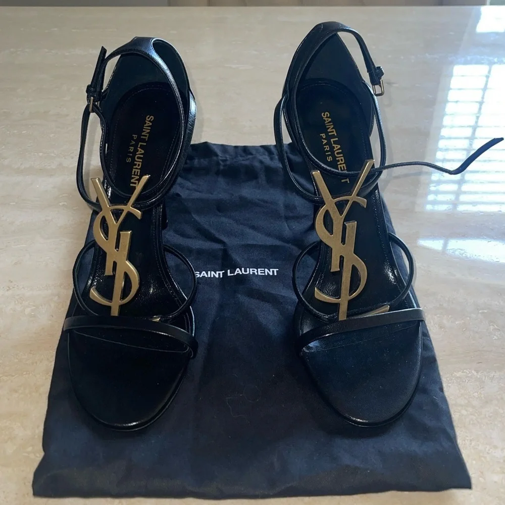 Saint Laurent Black Leather Logo T-Strap Stiletto Sandals with Gold YSL Logo - Picture 3 of 9